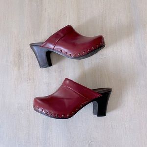 Dansko red leather slip on studded heeled clog shoes size 39